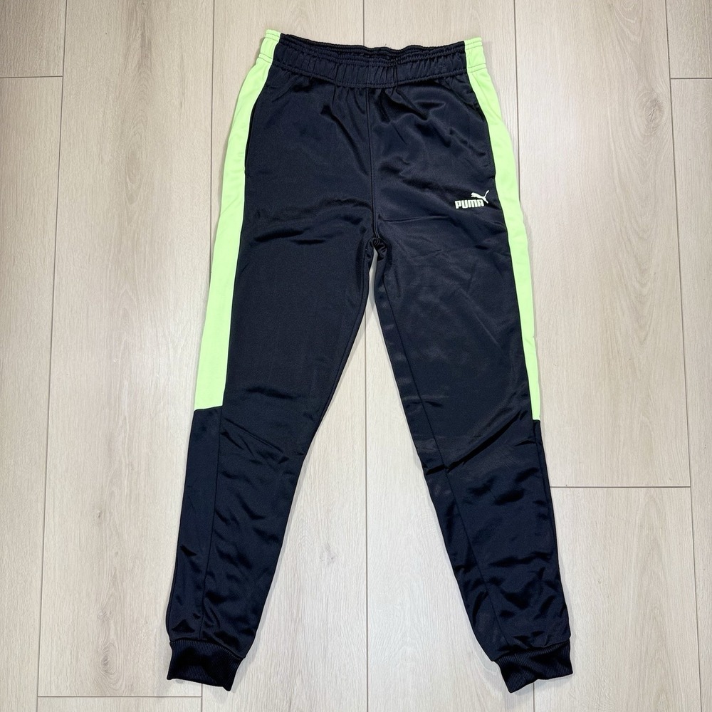 PUMA Boys L 14-16 Black Neon Green Track Pants‎ Athletic Logo Joggers New NWT